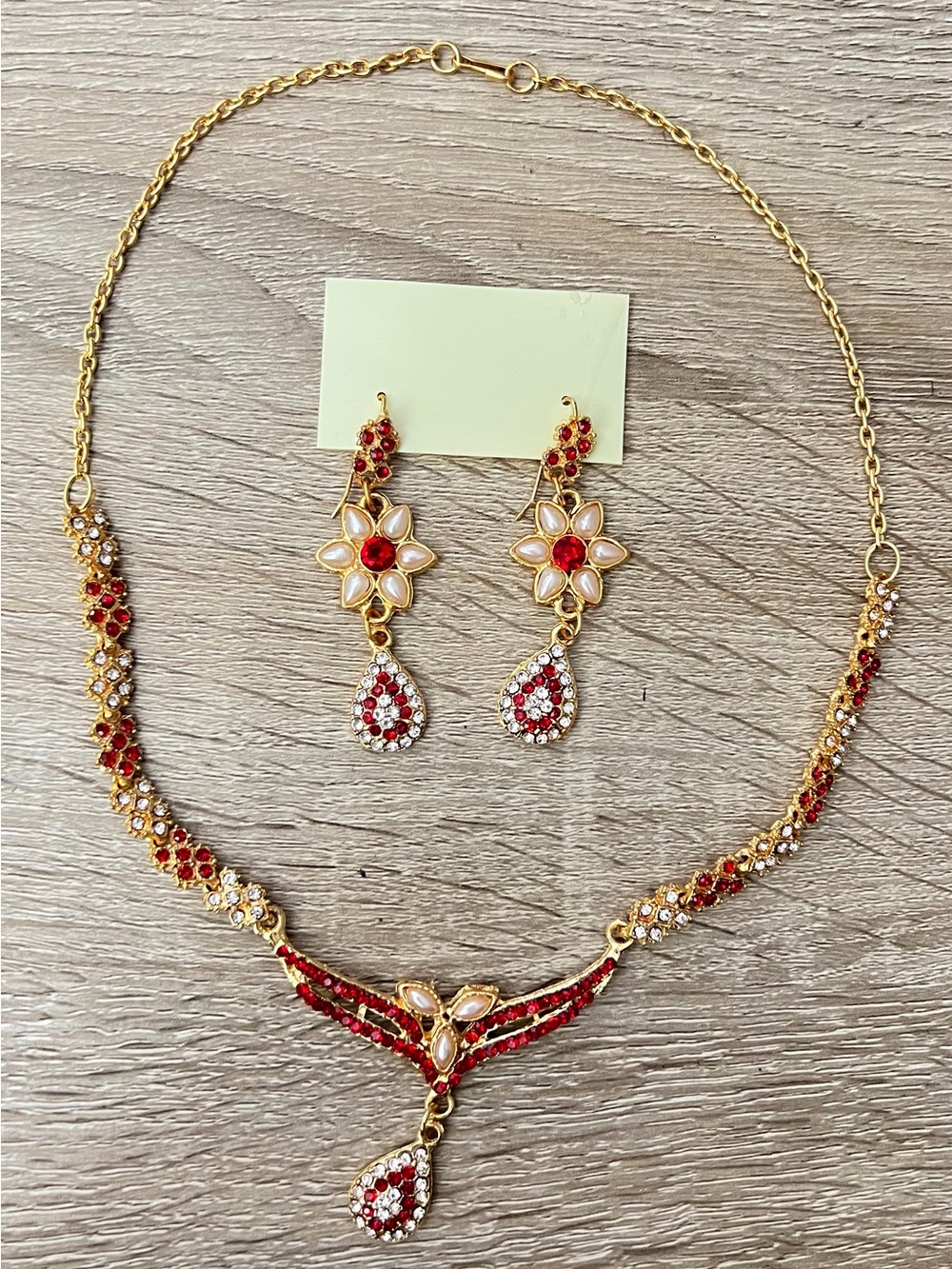 Red & Gold Rhinestone Statement Necklace Set w Earrings New